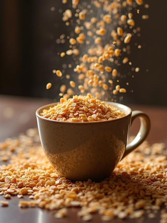Cereals falling into a cup against a warm solid background.
