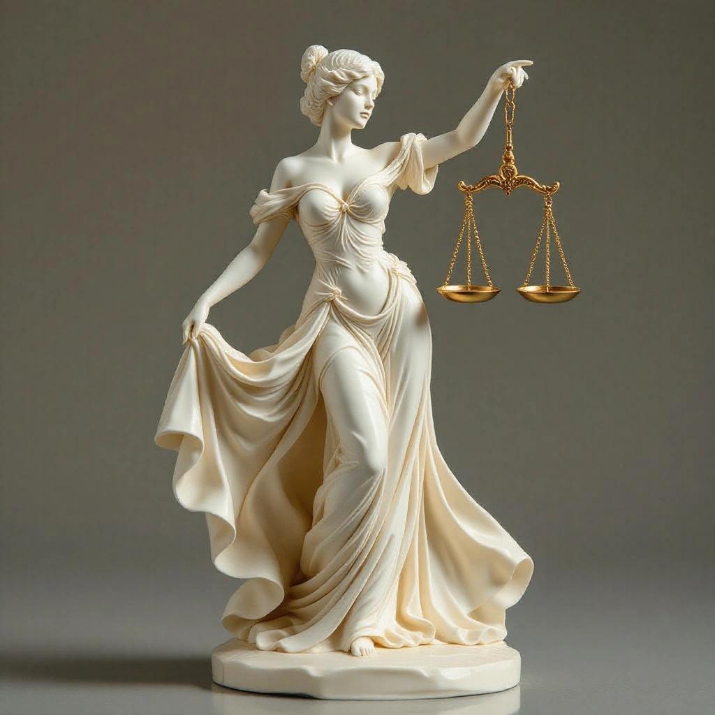 Resin figurine representing the Libra sign. Woman exuding elegance and power. Graceful pose on one foot with dress flowing. Holding scales and ceremonial sword. Mythical fantasy aesthetic with refined details. Long hair styled with movement. Lightweight tiara with geometric design.