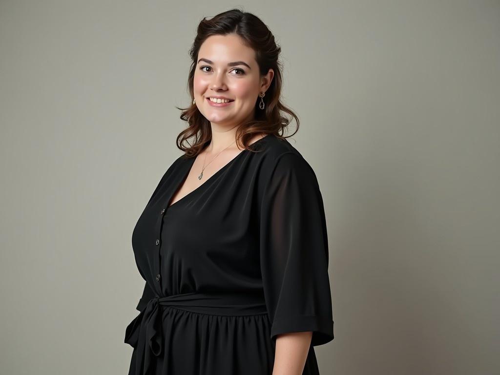 A young woman is captured in a side angle while she smiles warmly. She wears a traditional black dress, which flows elegantly. The background is a soft, neutral color that enhances her presence. The lighting is gentle, illuminating her features delicately. This image conveys confidence and poise, showcasing beauty in simplicity.