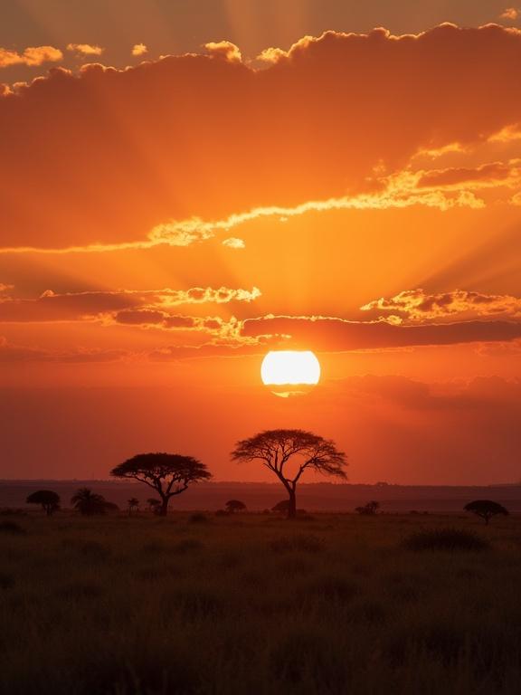The savana landscape at sunrise with vibrant colors. The sun is rising on the horizon illuminating the landscape. Silhouetted trees create a striking scene.