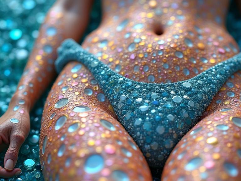 3D iridescent ceramic tile and glass mosaic design on a figure. Close-up of a bikini featuring colorful patterns. Ethereal aesthetic with shiny mixed media elements.