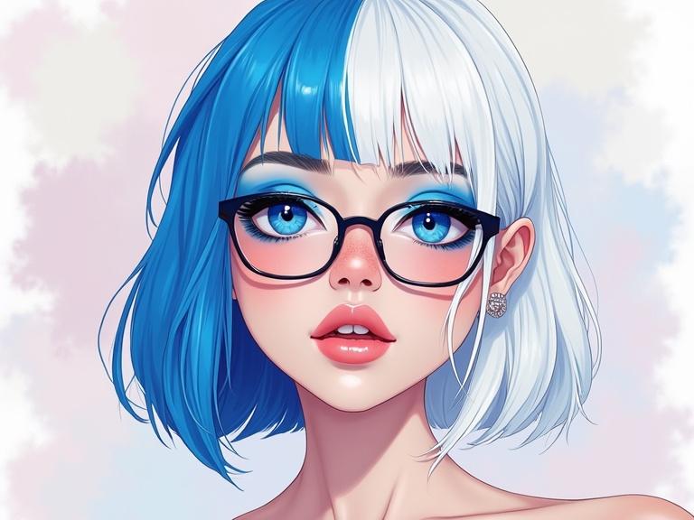 Digital art illustration featuring a nerdy Finnish woman with blue and white bob hair. Makeup enhances appearance. Blue eyeshadow on one side and white accents on the other. Glasses add charm. Features are delicate. Pastel background with soft colors creates a vibrant atmosphere.