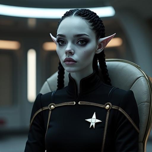 A female alien with sleek and skinny features sits in a captain's chair onboard a starship. She wears a starfleet uniform with a star insignia. Her skin is grey and her eyes are large and completely black. She has pointy ears and black cornrows. The setting is futuristic and elegant.