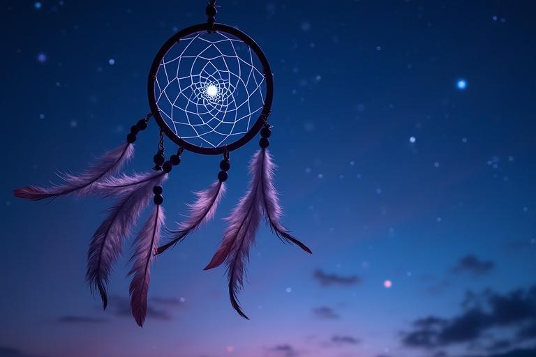 Starry night sky features dark blue to purple gradient background. Large dreamcatcher on the left with soft feathers swaying. Twinkling star-like lights scattered. Dreamy serene atmosphere. Highly detailed ultra high resolution image optimized for YouTube.