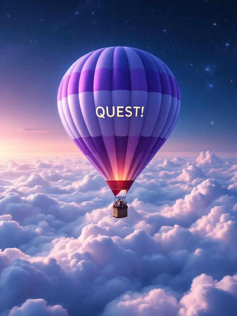 A hot air balloon floats over fluffy clouds. The sky transitions from twilight to a starry canvas. The balloon is vibrant in purple and light blue stripes. The name 'QUEST!' is displayed in gold.