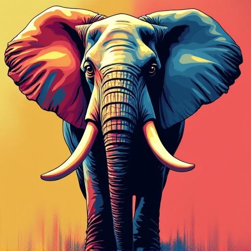 Colorful illustration of an elephant in pop art style. Bold colors enhance the visual appeal. The elephant is prominent with a captivating expression. Ideal for modern decor.