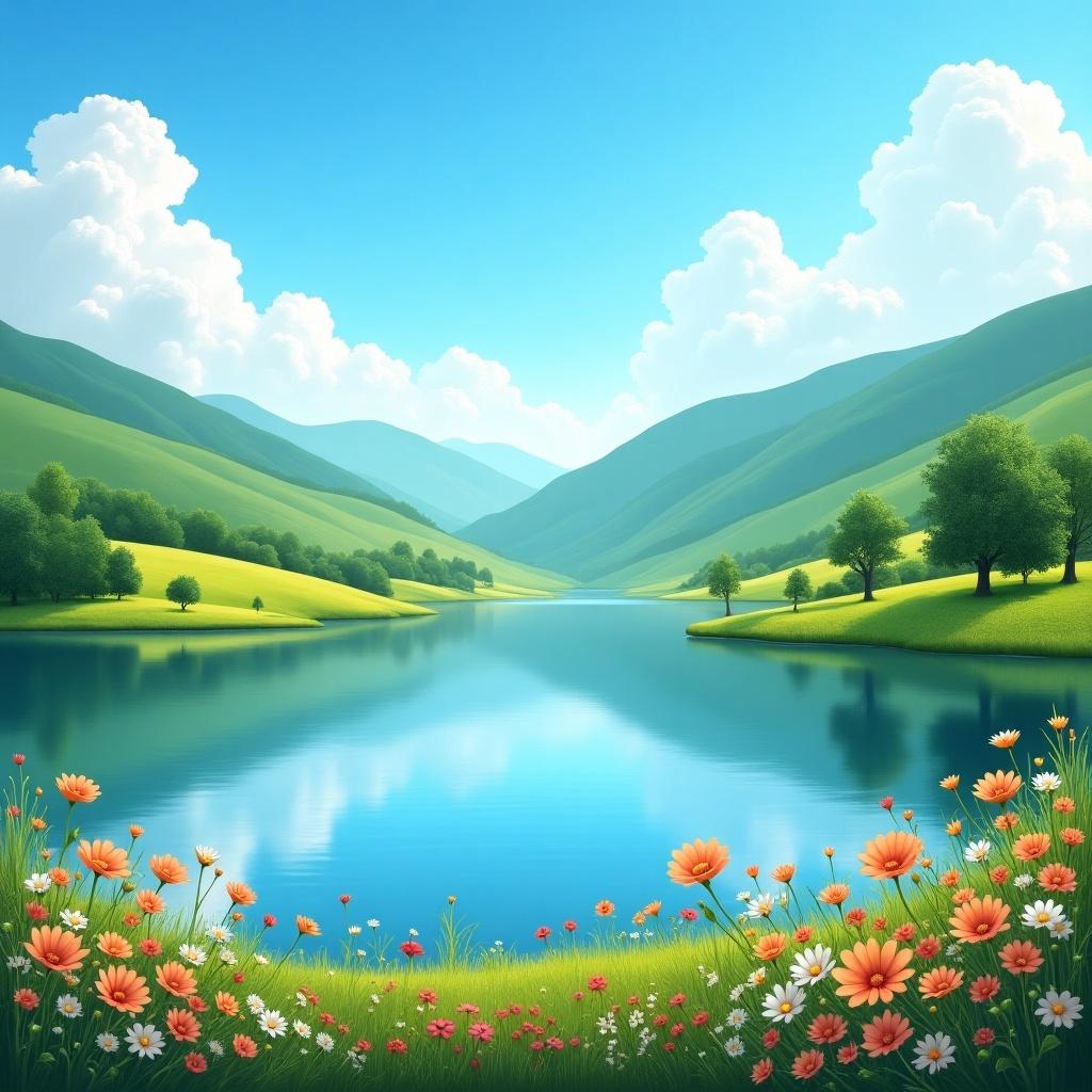 A picturesque landscape featuring a serene lake surrounded by lush green hills and colorful flowers in the foreground with a bright blue sky and fluffy clouds overhead.