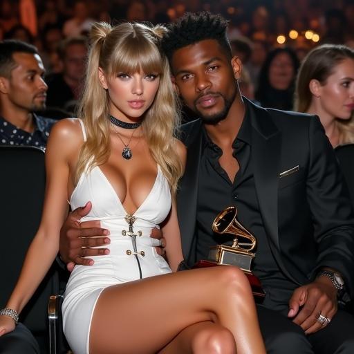 Photorealistic image of a young, attractive woman and her boyfriend at Grammy Awards. Woman has stylish bangs and long blonde twintails. She wears a white strappy miniskirt, showing impressive cleavage, with a black pendant. They sit in the front row, her holding an award, looking happy and attractive. Man is embracing her tightly.
