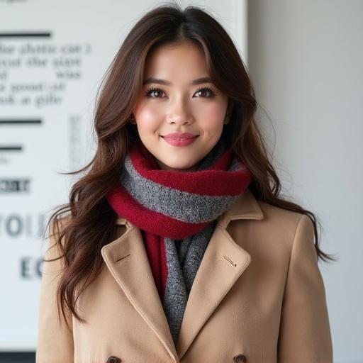 Woman with brown hair wearing a beige coat and red gray striped scarf. Confident smile on delicate face. White wall background with blurred text and geometric patterns. Soft light illuminates face. Simple fashion atmosphere in portrait style.