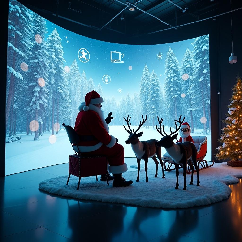 Cinematic scene features Santa Claus in a high-tech room engaged with EVS Cerebrum product. Holographic elements embellish the space. Large openings display snowy woods and sky. Sleigh with reindeer visible. Wide shot capturing Santa amidst glowing models and festive designs.