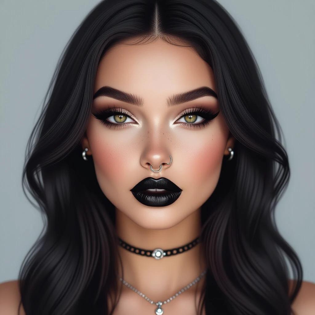 Realistic portrait of young gothic woman with soft rounded face no cheekbones full lips black lipstick neutral expression black eyes long voluminous lashes bold eyeliner smoky eyeshadow pale smooth skin brown henna freckles silver septum ring long dark hair no bangs centered portrait soft lighting neutral background highly detailed