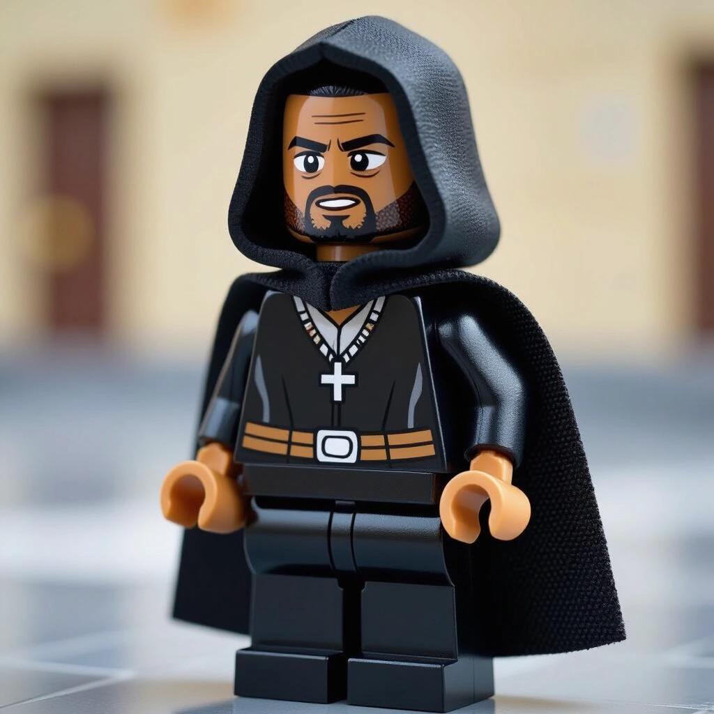 Lego character wearing a black robe and hood with a cross necklace. Character stands in a stylized room with a somber expression. Character's identity is hinted but not directly shown.