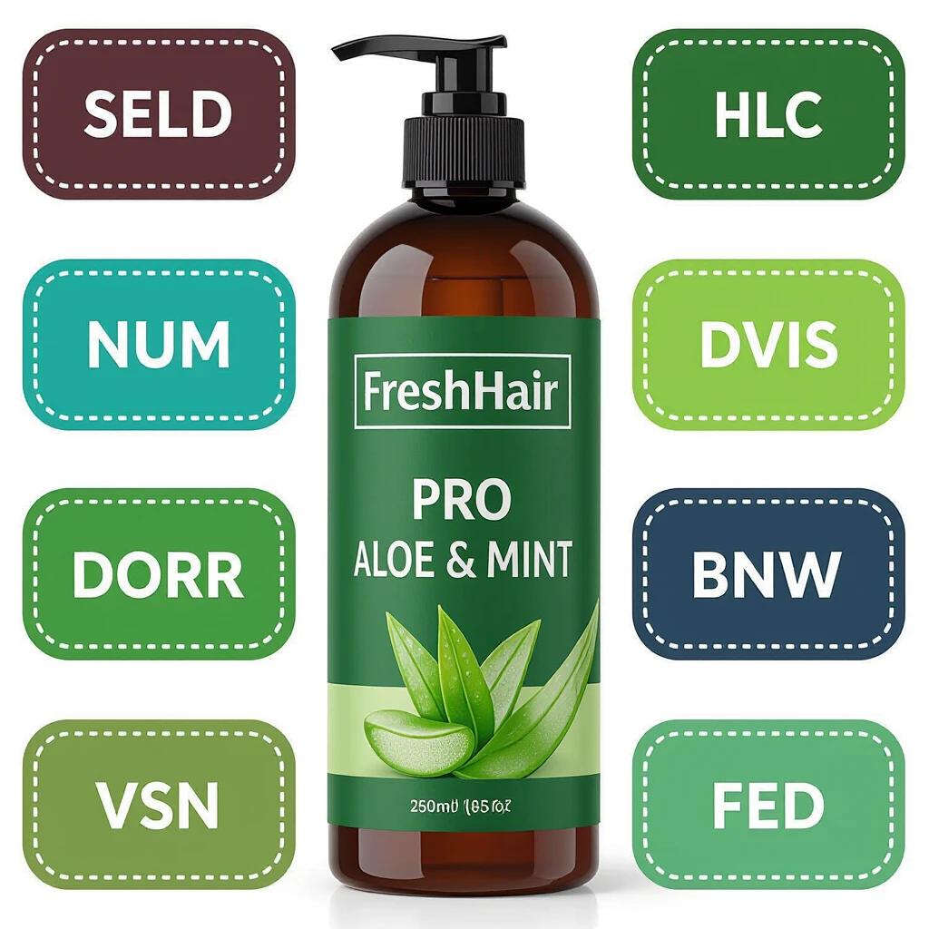 A bottle of shampoo is labeled FreshHair Pro. The shampoo is Aloe and Mint flavor. The bottle size is 250ml. The bottle has a white background. Each word of the label is surrounded by a bounding box. Each bounding box has a different line color. The bounding boxes do not have any background color.