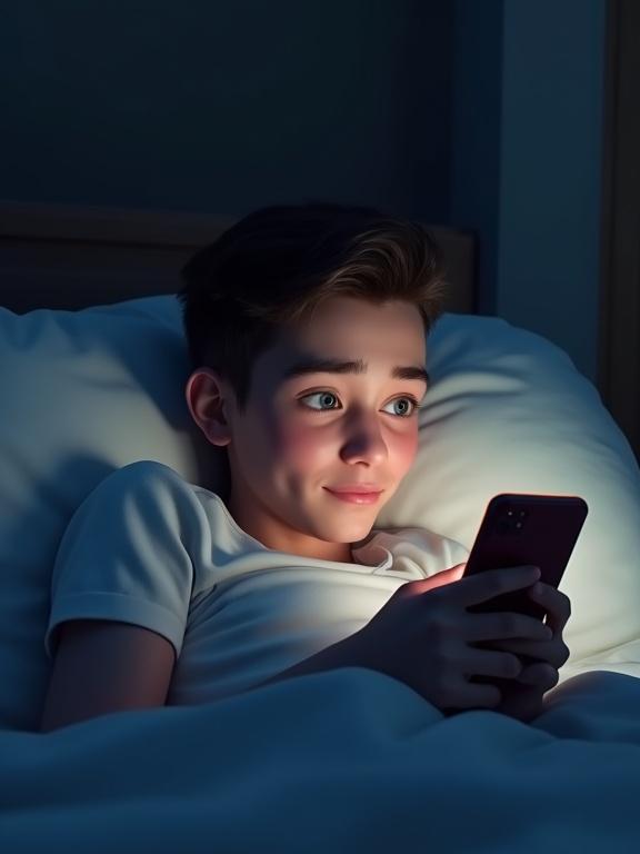 Realistic 3D portrait of young man lying in bed. He looks sideways at a glowing phone. Soft pillow and dim night light create a cozy atmosphere. Emotional expression reflects engagement with the phone.