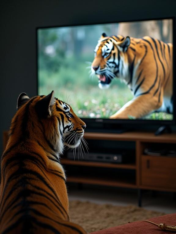 Analog photo showing a tiger engaging with a television screen displaying another tiger hunting. The setting includes a cozy living room atmosphere and a blend of natural colors.