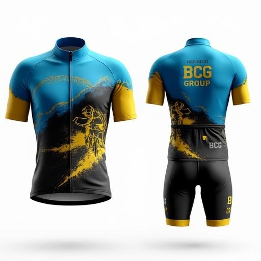 Professional cycling kit featuring a jersey and shorts. Design includes vibrant blue, black, yellow, and gold colors. Back features outline of a cyclist. Name on left breast. BCG Group displayed on the back. Represents cycling, culture, and food.