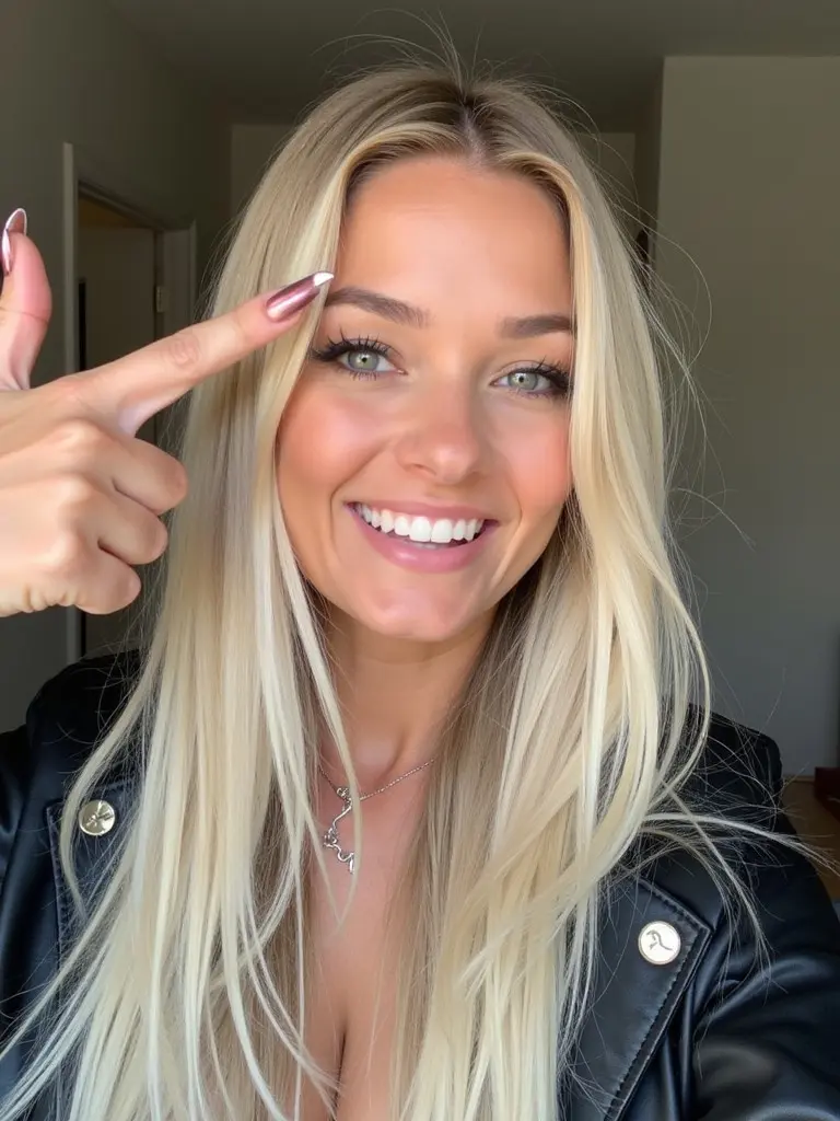 A person taking a selfie while making a thumb sign on the forehead. The individual has long blonde hair and wears stylish clothing. The expression is confident and happy.