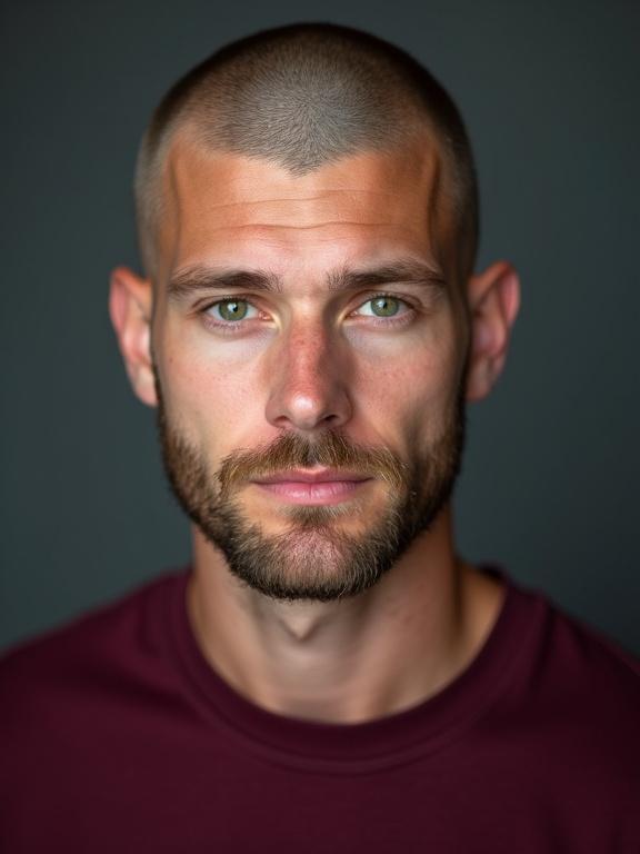 Studio portrait photograph features a young Norwegian man with bright green eyes. Shaved beard and closely shaved head enhance his facial structure. He wears a deep burgundy colored t-shirt that complements his complexion.