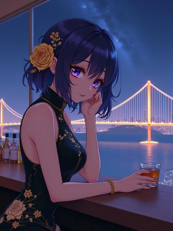 Anime-style lady leans on a wooden bar counter in a high-rise lounge. She has dark violet hair with a blue sheen and a golden rose. Expressive eyes show confidence. Wears a sleeveless black dress with gold floral patterns. Behind her, liquor bottles are arranged neatly. Through the window, a bright suspension bridge and starry sky are visible.