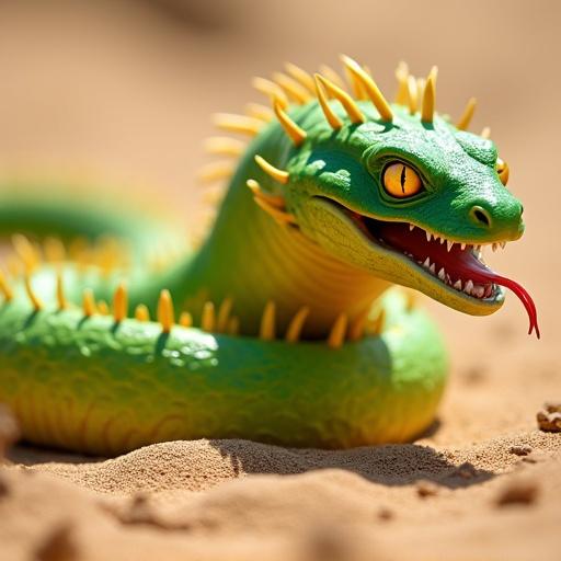 Vibrant lime-green cactus-like snake creature coiled on sandy ground. Golden-yellow spines dark green head open mouth forked tongue bright yellow eyes. Predatory pose against warm blurry sandy background. Natural lighting highlights. Inspired by futuristic concept artists.