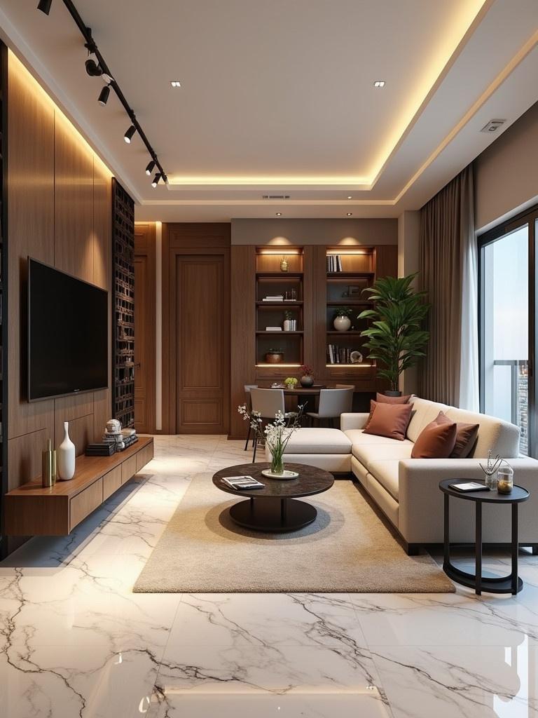 Luxurious living room features modern style furniture. Marble flooring shines elegantly. Indian decor elements add warmth. Soft lighting enhances the ambiance. Cozy and inviting space for relaxation.