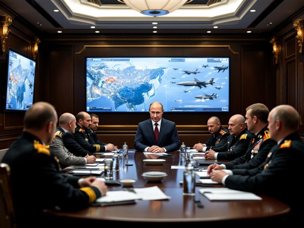 High-level military meeting in Kremlin. Focus on Russian officials discussing naval development strategy. Detailed analysis on future military tactics projected on screens. Aimed at ensuring defense in peacetime and wartime.