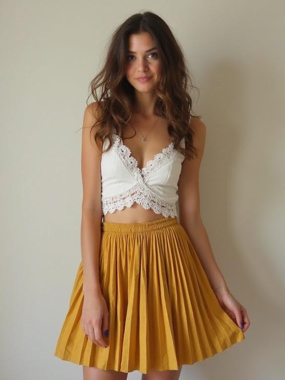 Young woman wearing a stylish outfit. White lace-trimmed cami top paired with a mustard mini pleated skirt. Model has long wavy hair. Simple background to emphasize the outfit.