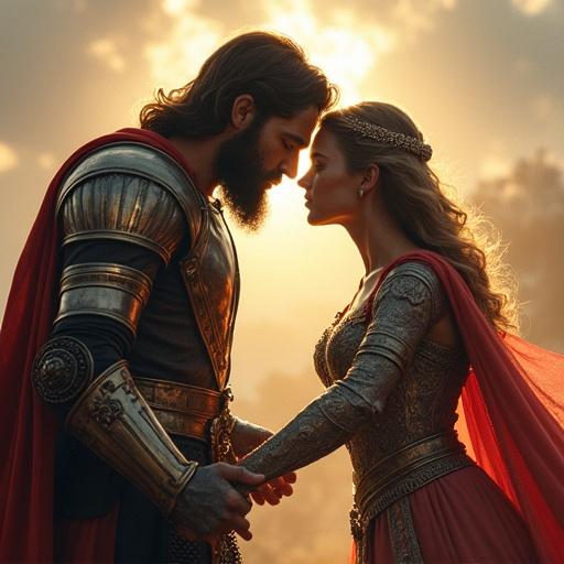 Medieval art, king and queen engaged in a dramatic interaction, set in a mystical landscape, soft golden light illuminating their features, romantic and intense expressions.
