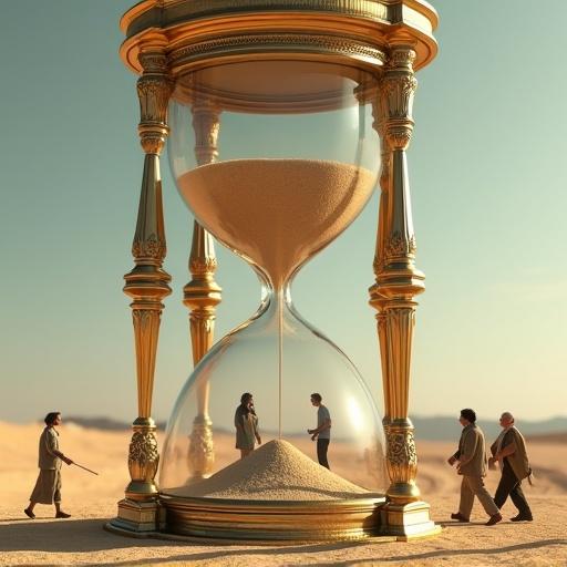 A powerful allegorical scene of an ornate hourglass. The upper chamber shows a young couple looking contemplative on sand. The landscape is desolate. The lower chamber features an elderly couple walking on accumulated sand. The hourglass is detailed with carved pillars. The lighting is even, emphasizing the figures and sand.
