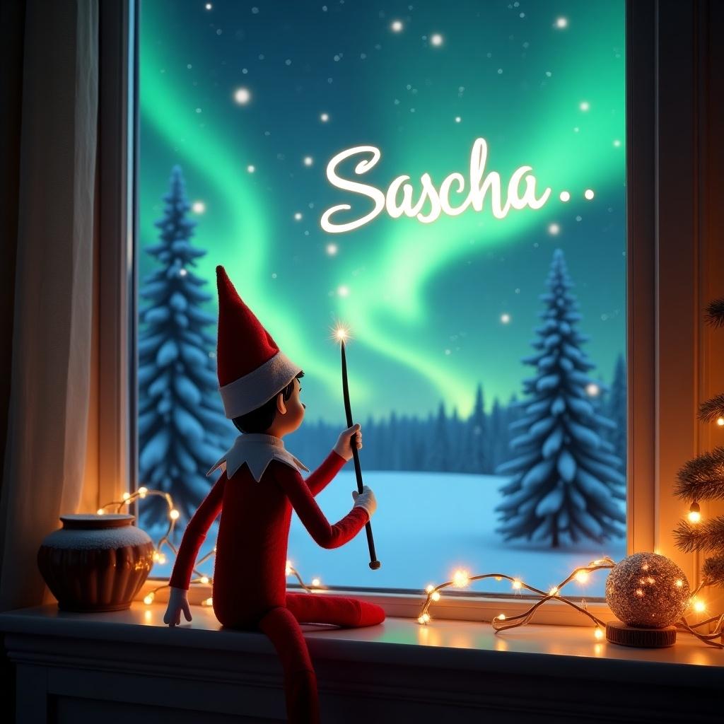 The image features an Elf on the Shelf, sitting with his back to the viewer. He gazes out a window into a magical Christmas night. Using a wand, he writes 'Sascha' in the sky. The background showcases beautiful Northern Lights illuminating the scene. Outside, snow-covered trees create a winter wonderland. The room is cozy and decorated for Christmas, enhancing the festive atmosphere.