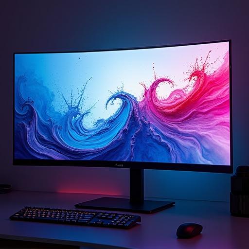 A monitor displays a colorful abstract wave pattern. The wave design features intermingling spikes and swirls. The room is dimly lit. Colors include vibrant blues and pinks.