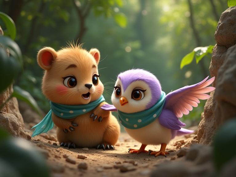 Adorable capybara with golden-brown fur and big eyes helps injured lavender owl in a collapsing jungle. Vines and debris surround them. Capybara wears teal scarf. Scene conveys heroism and emotion. Style inspired by Disney Pixar.