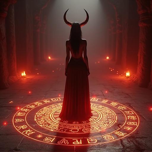 A mysterious woman stands confidently before a glowing summoning circle. She whispers forbidden words. Runes ignite as a seductive demon rises in the center. The demon has flawless curves, glowing skin, and curling horns. Golden eyes shine with temptation, lips curled in a wicked smile. She wears an ornate infernal outfit adorned with glowing sigils. Black feathers and embers swirl in the air. The summoner remains calm and veiled, controlling the atmosphere full of desire and dread. Shadows stretch across the obsidian chamber floor.