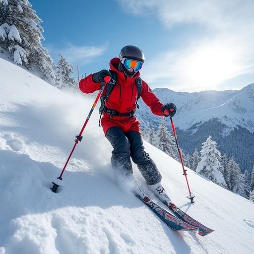 Action shot of skier descending snowy mountain slope in bright sunlight. Skier wears red jacket and black goggles, showcasing dynamic skiing pose with snow spray.