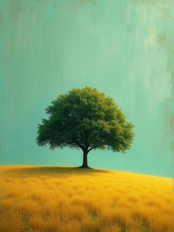 A solitary tree stands on a golden-yellow grass field with a turquoise green background. The tree has a dense, rounded crown and is perfectly centered in the composition. The lighting is soft and diffuse, creating a peaceful atmosphere.