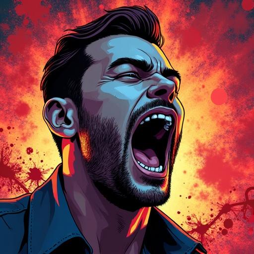 Dramatic comic book style portrait of a screaming man. Bold cel-shaded colors and thick outlines. Intense lighting with a dynamic background. Blood splashes and neon effects. Styled like a killcam or victory screen.