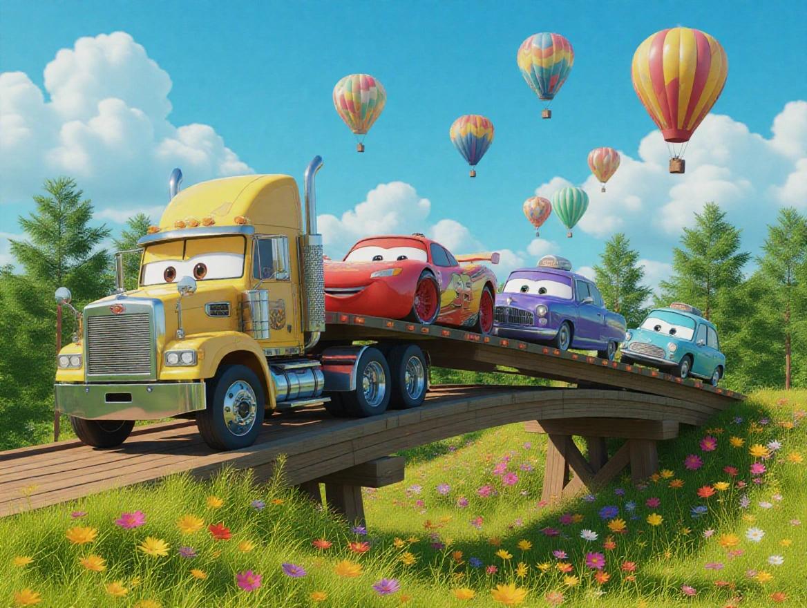 Colorful and cheerful 3D animated scene with four anthropomorphic vehicles. Large yellow semi-truck with happy face pulling flatbed trailer. Red McQueen sports car, purple taxi, green car, and blue mini car on trailer. Wooden bridge in the background. Lush forest with colorful flowers, bright blue sky, fluffy white clouds, and hot air balloons creating lively atmosphere. Sense of adventure and teamwork among friendly cars, suitable for children.
