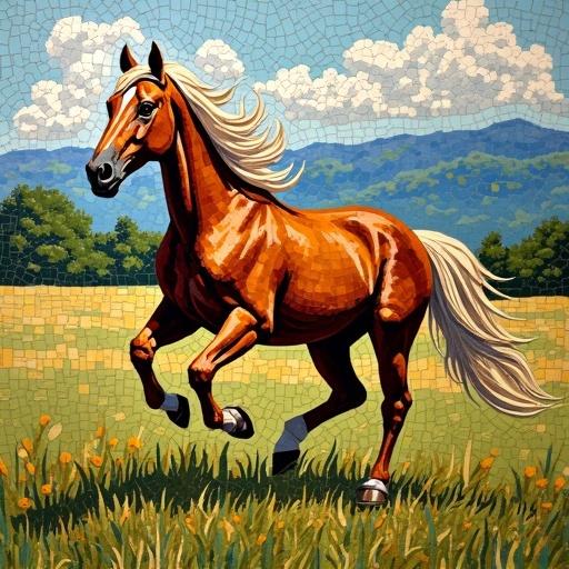 Mosaic artwork featuring a galloping horse in a field. Horse and field constructed from small tiles. Colors are natural shades of brown green. Rich deep palette emphasizing mosaic details with sharp edges.