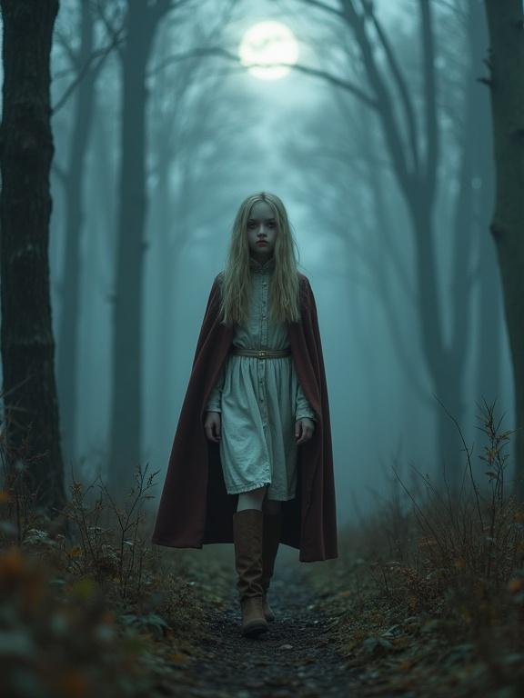 Photorealistic image of young teen girl in foggy forest. Girl has long blonde hair and wears a white and brown dress with a red traveling cloak. She has vampire fangs and red eyes. The scene is moonlit and evokes a horror movie aesthetic.