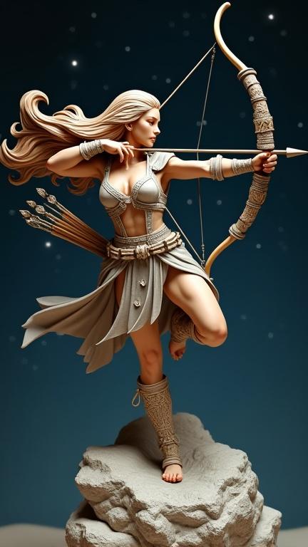 Resin sculpture of a powerful goddess inspired by Sagittarius. She stands in a dynamic pose with a classical bow. One leg is forward and torso turned, ready to launch an arrow. She wears light tribal-style armor with leather and metal details. Long wild hair blows in the wind. A quiver of decorated arrows hangs from her back. The bow has ancient engravings. The base is rocky, on a mountaintop under a starry sky.