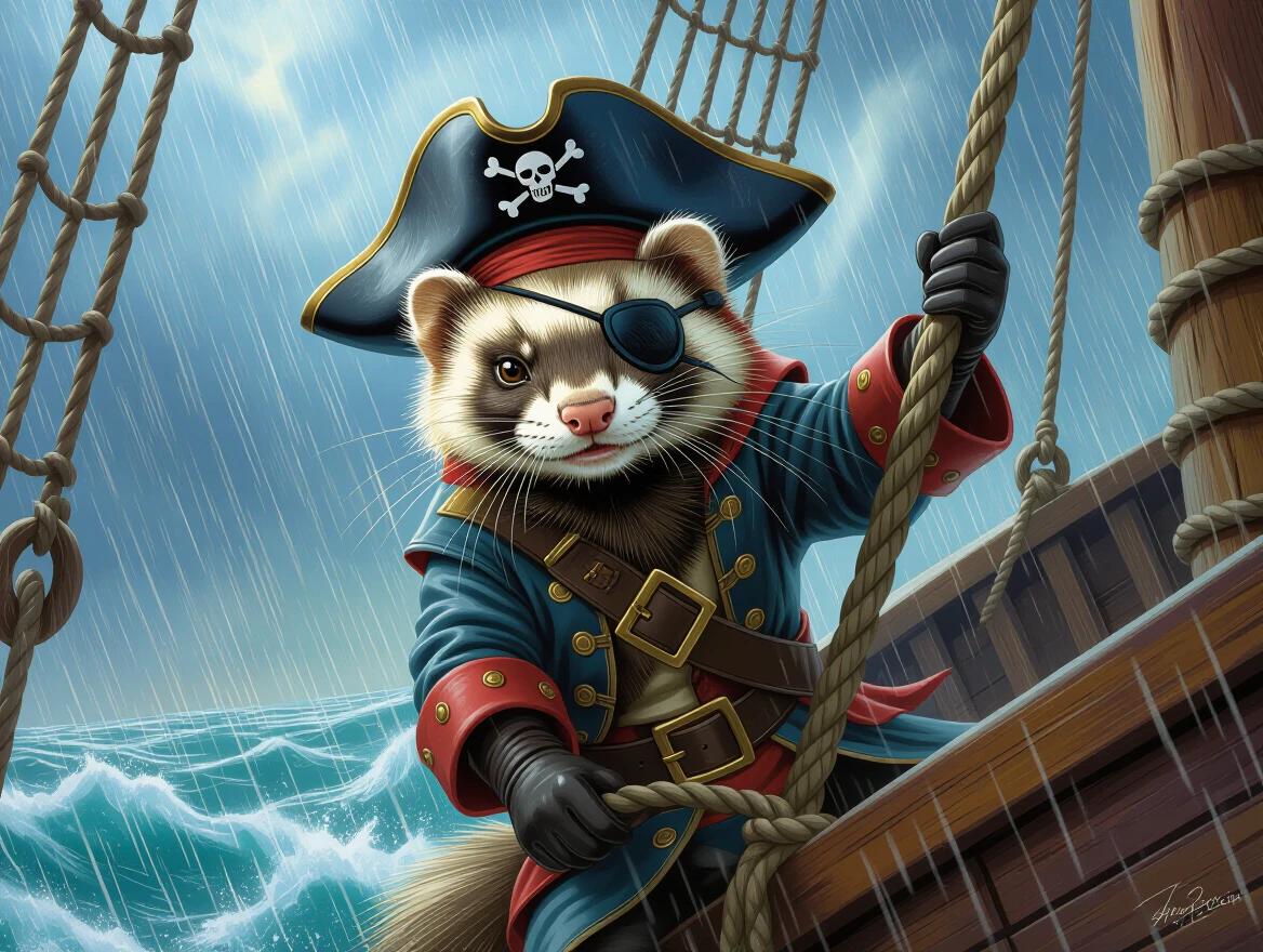 Fierce ferret with a pirate cap and an eye patch swinging on a rope from a pirate ship in the wind and rain of a storm. Professional photograph by Luis Royo inspired artists. Uses vibrant deep colors.