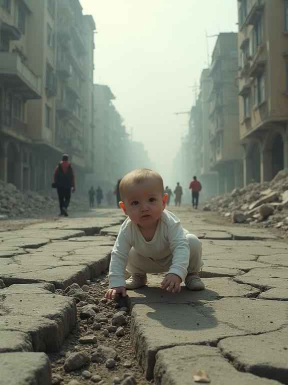 Dystopian cityscape features cracked ground and ruined buildings. Baby crawls across the fractured road. People flee in the background. Dust swirls in the air. Buildings show severe damage. Environment suggests catastrophic event. Baby wears white onesie, surrounded by desolate atmosphere.