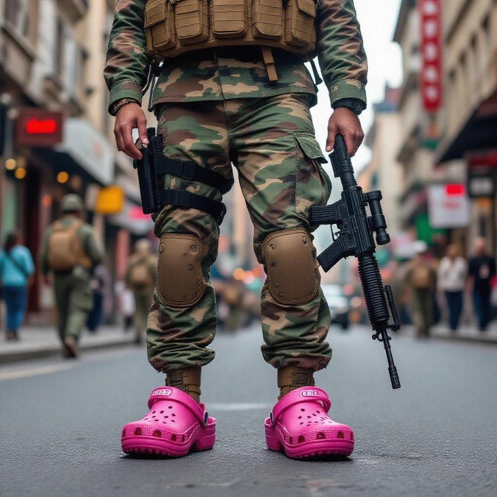 Photorealistic image of a soldier in camouflage uniform standing in an urban warfare street wearing pink Crocs sandals. Soldier is equipped with ammunition and a rifle. Urban background shows busy street with shops and soldiers. Natural daylight.