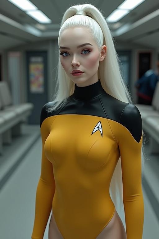 A woman wearing a yellow and black tight bodysuit, inspired by Star Trek. She has long white hair styled in a ponytail and light blue eyes. The setting is a futuristic scene with a spaceship background. The image features hyperrealistic details and cinematic lighting.