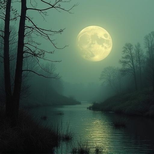 A sinister landscape featuring a large moon over a misty river surrounded by bare trees. The scene evokes a dark and eerie mood.