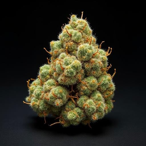 Ultra-macro photograph showcases a Jack Herer sativa cannabis bud. Bud appears asymmetrical and irregularly shaped with imperfect hand trim. Colors range from lime to forest green with brown and dark orange pistils. Subtle sparkling trichomes create a lighter feel. Notable trimming flaws and uneven texture seen. Black matte background enhances focus on the bud. Square ratio is used.