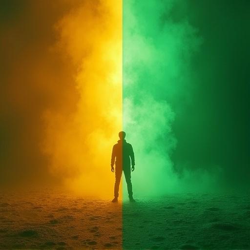 Image shows a person silhouetted against a background of yellow on one side and green on the other. There is a fog effect that separates the two colors.