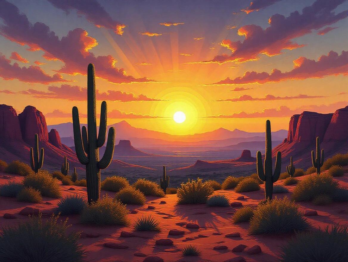 A dramatically lit desert landscape. Features cactus and deep color sunset. Includes rock formations with an oversized sun centered over the landscape. Long shadows present. Oil painting style.