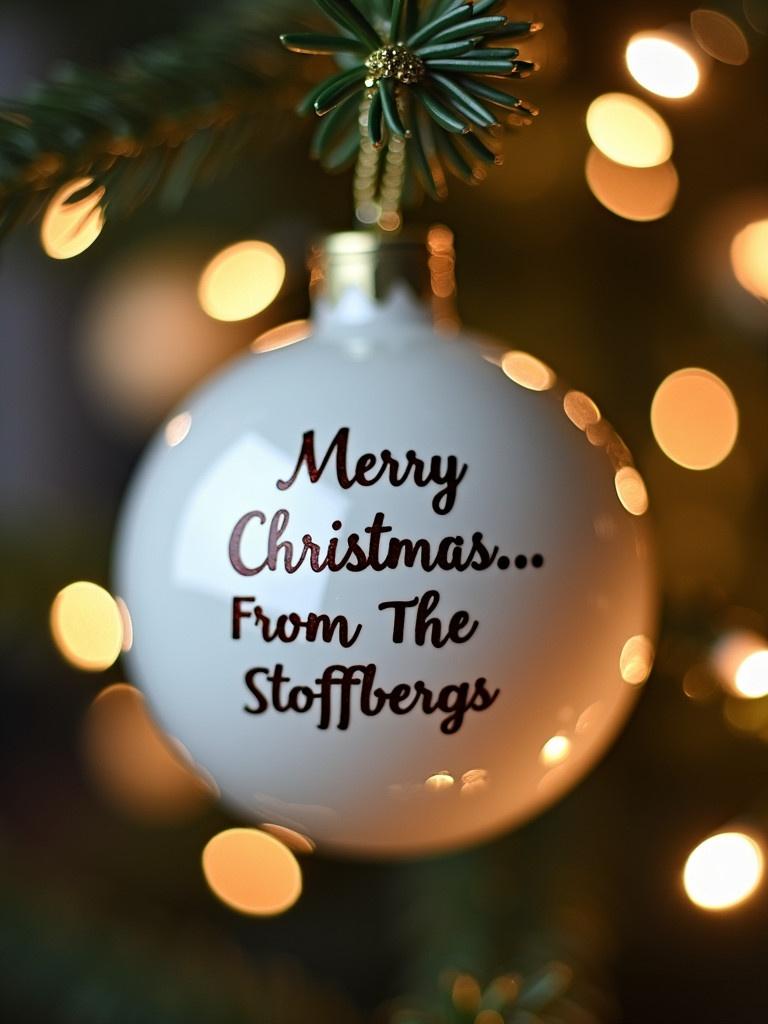 Close up view of a white Christmas bauble with the text 'Merry Christmas...From The Stoffbergs'. Background features twinkling lights creating a magical feel.