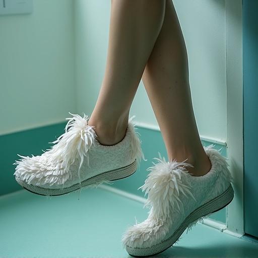 Model wearing shoes made of feathers sits in a hospital setting. The focus is on the legs and shoes. The background is light and colors are soft.